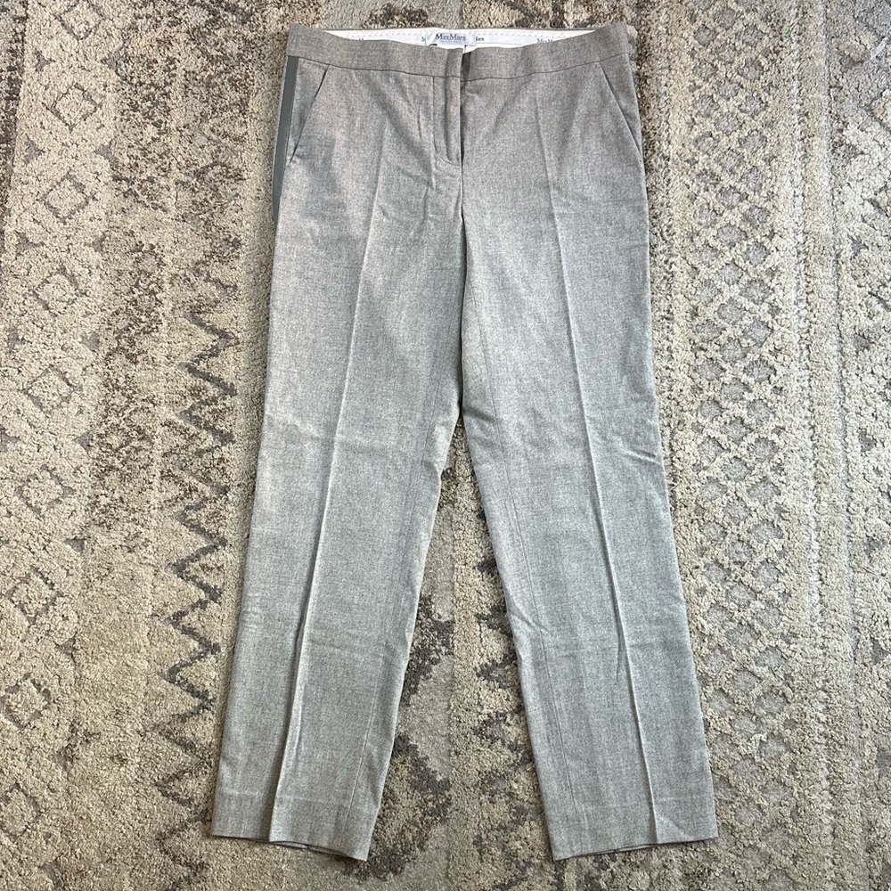 Max Mara Wool/Cashmere Leather Tuxedo Stripe Straight Leg Pants Grey Size 14